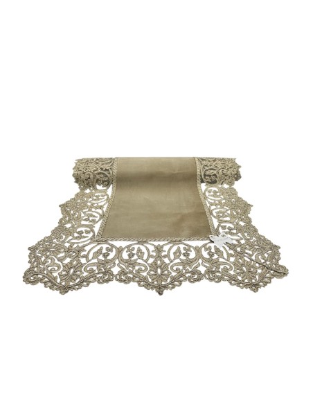 Fiori di Lena - Runner in velluto nocciola con pizzo oro cm 140X48