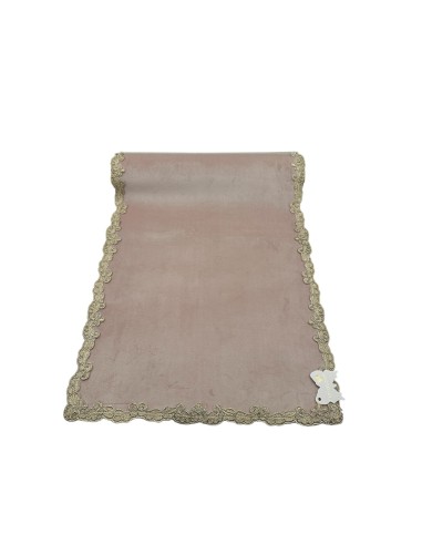 Fiori di Lena - Runner in velluto cipria con pizzo fregio fiocco oro cm 140X40