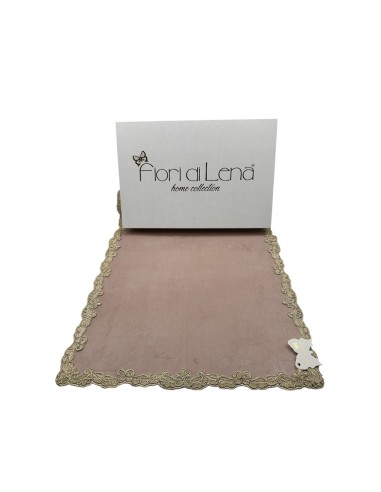 Fiori di Lena - Runner in velluto cipria con pizzo fregio fiocco oro cm 140X40