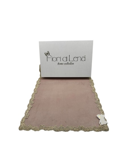 Fiori di Lena - Runner in velluto cipria con pizzo fregio fiocco oro cm 140X40