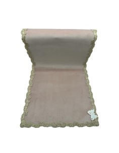 Fiori di Lena - Runner in velluto cipria con pizzo fregio fiocco oro cm 140X40