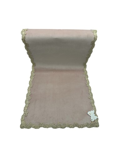 Fiori di Lena - Runner in velluto cipria con pizzo fregio fiocco oro cm 140X40