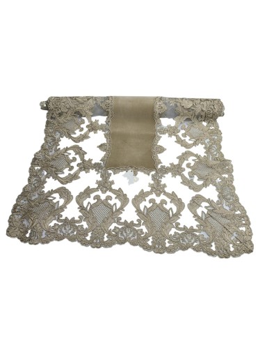 Fiori di Lena - Runner in velluto nocciola con pizzo fregio alto gold cm 140X60