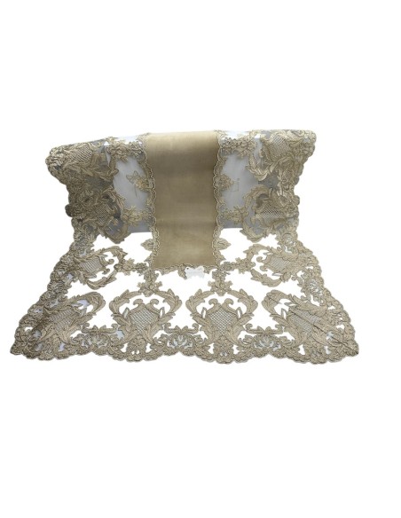 Fiori di Lena - Runner in velluto nocciola con pizzo fregio alto gold cm 140X60