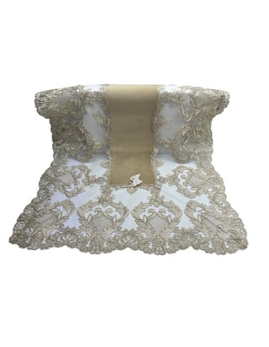 Fiori di Lena - Runner in velluto nocciola con pizzo fregio alto oro cm 140X60