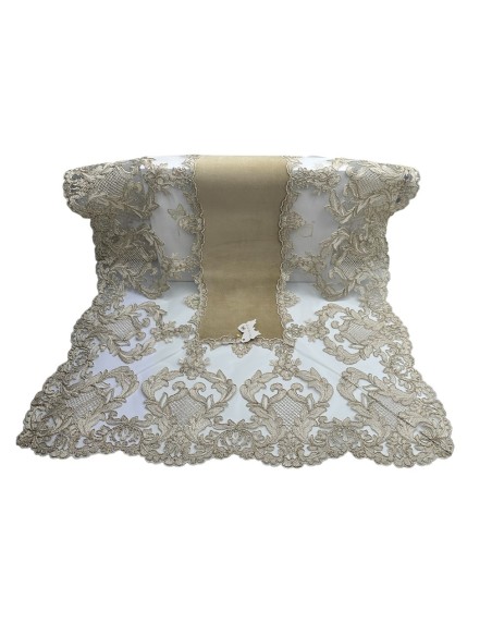 Fiori di Lena - Runner in velluto nocciola con pizzo fregio alto oro cm 140X60