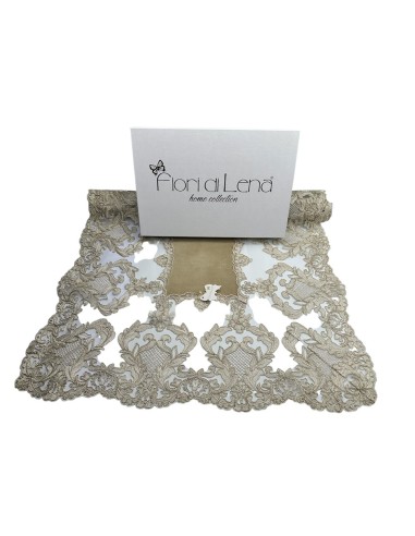Fiori di Lena - Runner in velluto nocciola con pizzo fregio alto oro cm 140X60