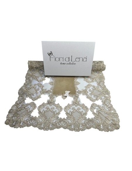 Fiori di Lena - Runner in velluto nocciola con pizzo fregio alto oro cm 140X60