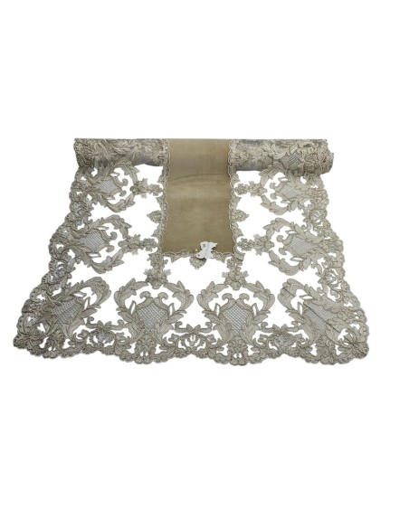 Fiori di Lena - Runner in velluto nocciola con pizzo fregio alto oro cm 140X60