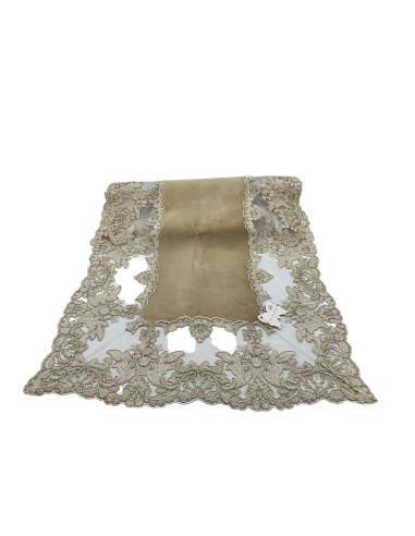 Fiori di Lena - Runner in velluto nocciola con pizzo oro cm 145X40