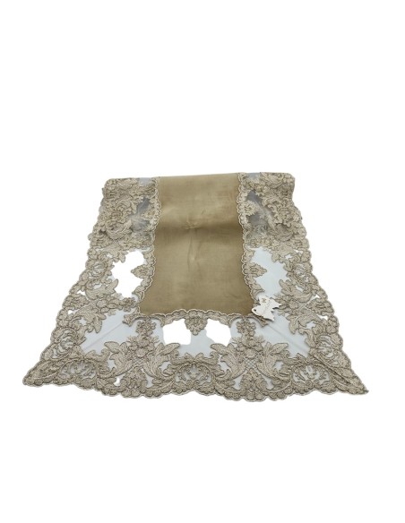 Fiori di Lena - Runner in velluto nocciola con pizzo oro cm 145X40