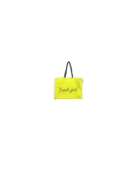 Beach Girl - Borsa mare sfrangiata giallo fluo dettagli verde militare cm 48x38x23