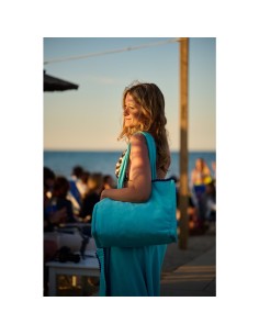 Marisol - Borsa mare velour con pompon azzurro/blu cm 42 x 32 x 16 2