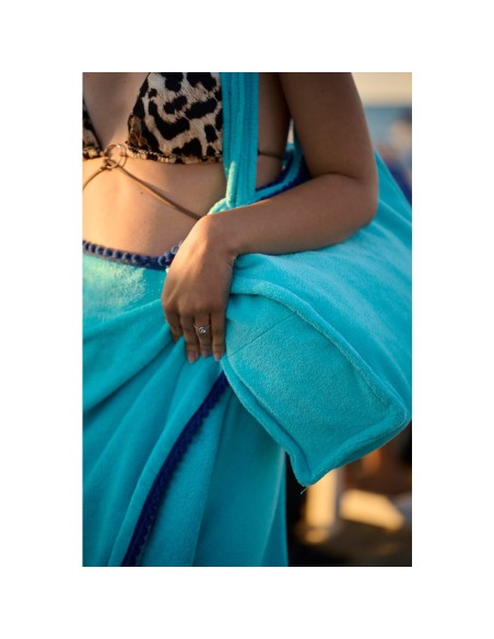 Marisol - Borsa mare velour con pompon azzurro/blu cm 42 x 32 x 16