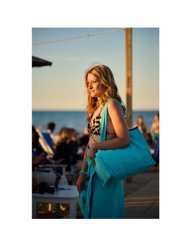 Marisol - Borsa mare velour con pompon azzurro/blu cm 42 x 32 x 16