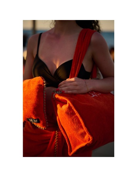 Marisol - Pochette velour con pompon arancione/nocciola cm 30 x 26