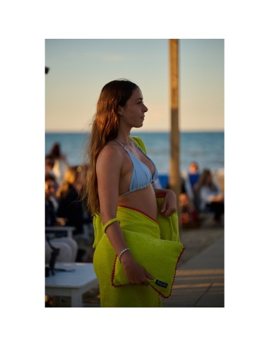 Marisol - Borsa mare velour con pompon giallo fluo/fucsia cm 42 x 32 x 16