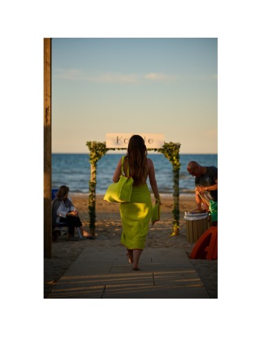 Marisol - Borsa mare velour con pompon giallo fluo/fucsia cm 42 x 32 x 16