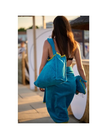 Marisol - Borsa mare velour con pompon ottanio/verde mela cm 42 x 32 x 16