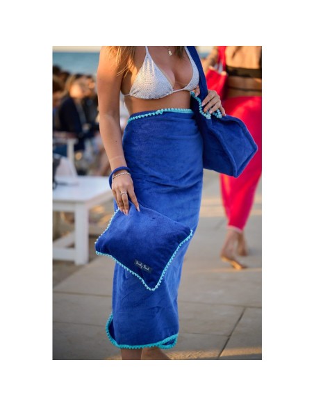 Marisol - Telo mare velour con pompon blu/azzurro cm 90 x 170