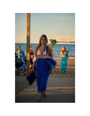 Marisol - Telo mare velour con pompon blu/azzurro cm 90 x 170