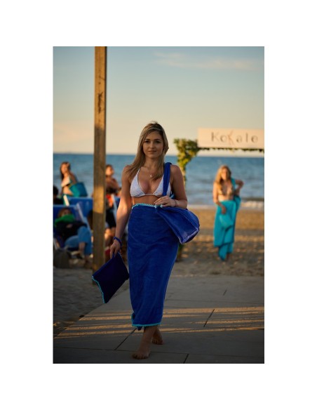 Marisol - Telo mare velour con pompon blu/azzurro cm 90 x 170