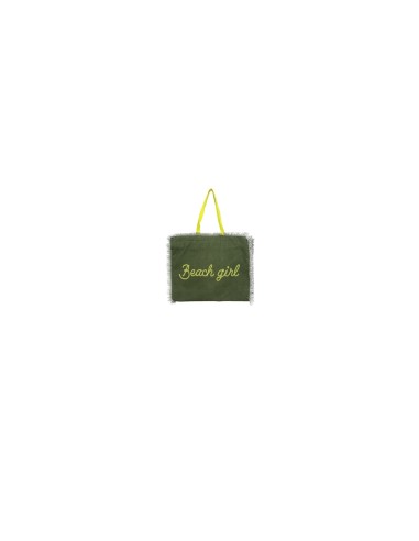 Beach Girl - Borsa mare sfrangiata verde militare dettagli giallo fluo cm 48x38x19