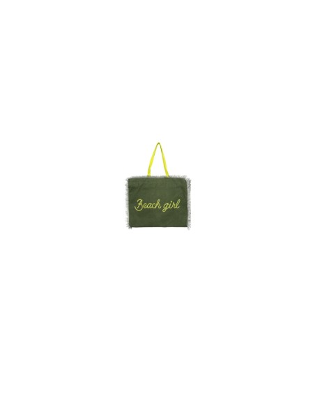 Beach Girl - Borsa mare sfrangiata verde militare dettagli giallo fluo cm 48x38x19