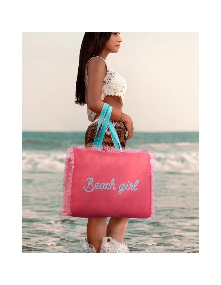 Beach Girl - Borsa mare sfrangiata blu dettagli azzurro cm 48x38x16