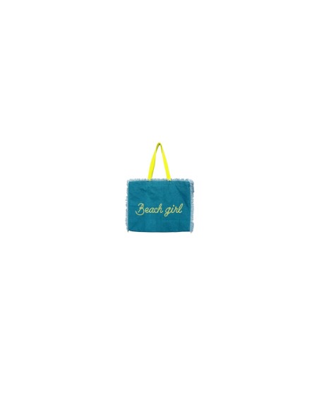 Beach Girl - Borsa mare sfrangiata petrolio dettagli giallo fluo cm 48x38x21