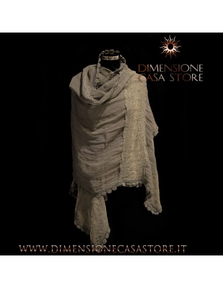 Stola in lino e pizzo, colore grigio salvia