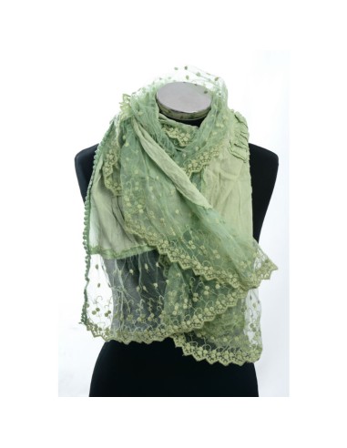 Stola in cotone e organza con ricami e applicazioni, colore verde salvia
