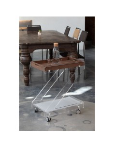 Vesta Home - ZETA Carrello a due ripiani in cristallo acrilico trasparente con vassoio superiore in legno scuro e ruote, dim. 62 2