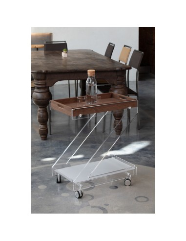 Vesta Home - ZETA Carrello a due ripiani in cristallo acrilico trasparente con vassoio superiore in legno scuro e ruote, dim. 62