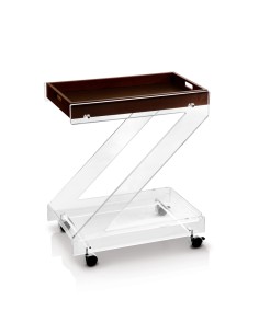 Vesta Home - ZETA Carrello a due ripiani in cristallo acrilico trasparente con vassoio superiore in legno scuro e ruote, dim. 62