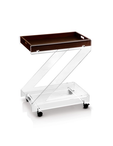 Vesta Home - ZETA Carrello a due ripiani in cristallo acrilico trasparente con vassoio superiore in legno scuro e ruote, dim. 62