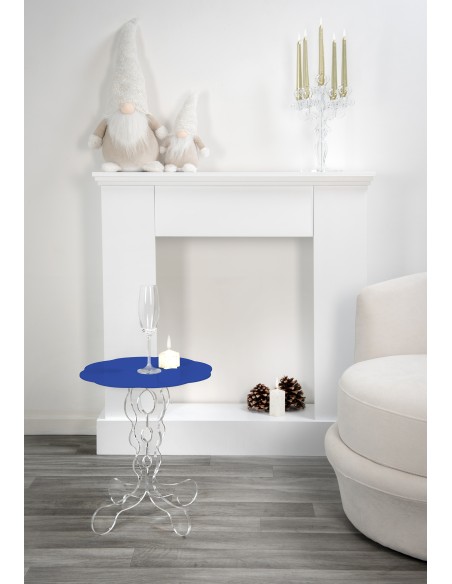 iPLEX - Tavolino da caffè stile Arabesco in plexiglass con base Trasparente tagliata al laser e ripiano blu. Made in Italy - 36x
