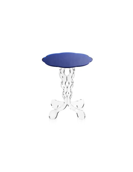iPLEX - Tavolino da caffè stile Arabesco in plexiglass con base Trasparente tagliata al laser e ripiano blu. Made in Italy - 36x