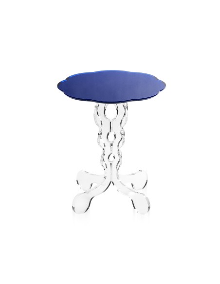 iPLEX - Tavolino da caffè stile Arabesco in plexiglass con base Trasparente tagliata al laser e ripiano blu. Made in Italy - 36x