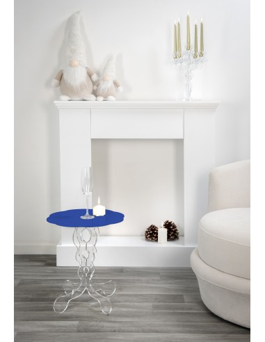 iPLEX - Tavolino da caffè stile Arabesco in plexiglass con base Trasparente tagliata al laser e ripiano blu. Made in Italy - 36x