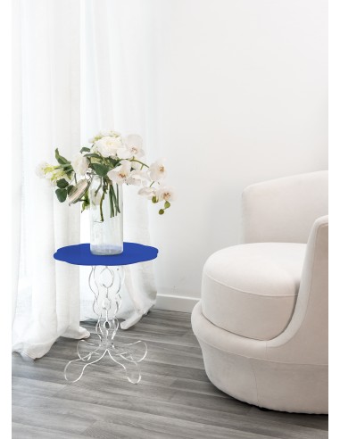 iPLEX - Tavolino da caffè stile Arabesco in plexiglass con base Trasparente tagliata al laser e ripiano blu. Made in Italy - 36x