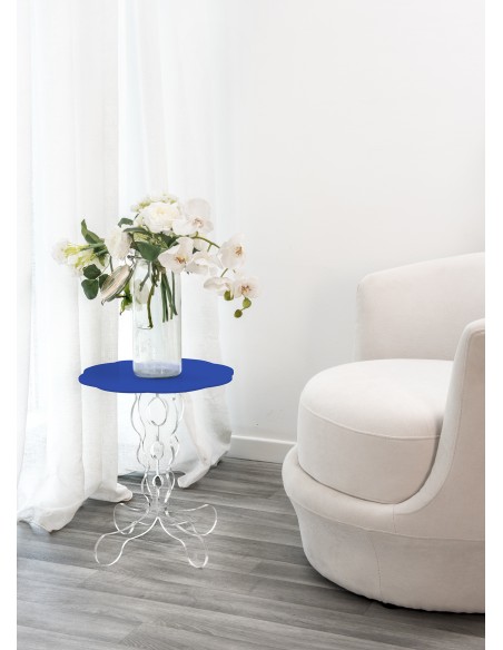 iPLEX - Tavolino da caffè stile Arabesco in plexiglass con base Trasparente tagliata al laser e ripiano blu. Made in Italy - 36x