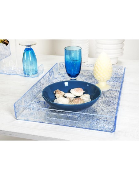 iPLEX Design - Etiquette Vassoio Grande Trasparente - Azzurro Maiolica Azulejos in plexiglass - Trasparente/azzurro - 45,5x5x32 