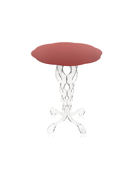 iPLEX - Tavolino da caffè design Arabesco in plexiglass PMMA Trasparente, ripiano rosso tagliato al laser,. Made in Italy - 50x6