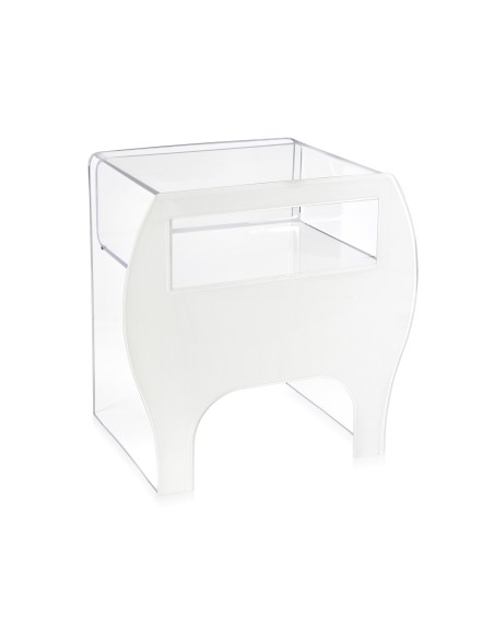 Mimì Comodino design art nouveau francese in plexiglass Trasparente e bianco pieno.