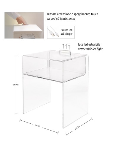 Lyn Comodino Trasparente in plexiglass PMMA con luce LED incorporata.