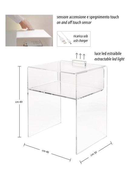 Lyn Comodino Trasparente in plexiglass PMMA con luce LED incorporata.