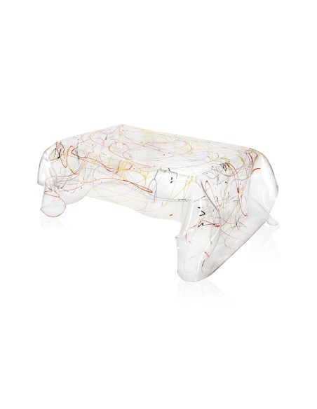 Tavolino linea "Drappeggi" in plexiglass Trasparente drappeggiato a mano con schizzo artistico colorato. Made in Italy