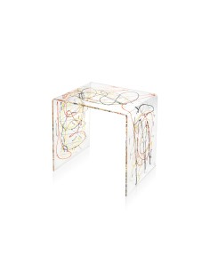Tavolino design anni '80 in plexiglass tagliato a laser, schizzo artistico colorato,. Made in Italy 2