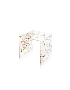 Tavolino design anni '80 in plexiglass tagliato a laser, schizzo artistico colorato,. Made in Italy